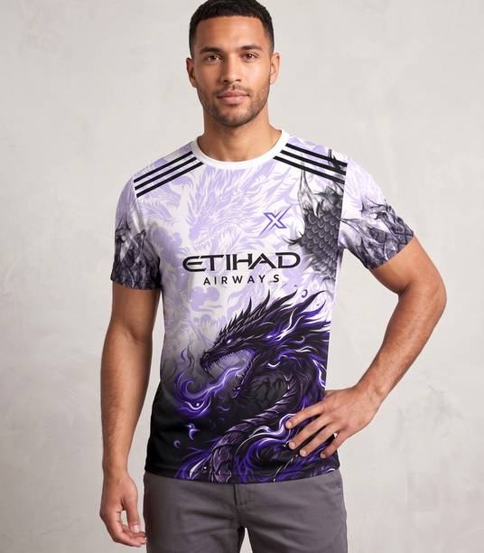 Men Graphic Print Round Neck Polyester Purple T-Shirt