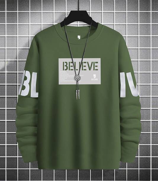 Men Typography Round Neck Cotton Blend Dark Green T-Shirt