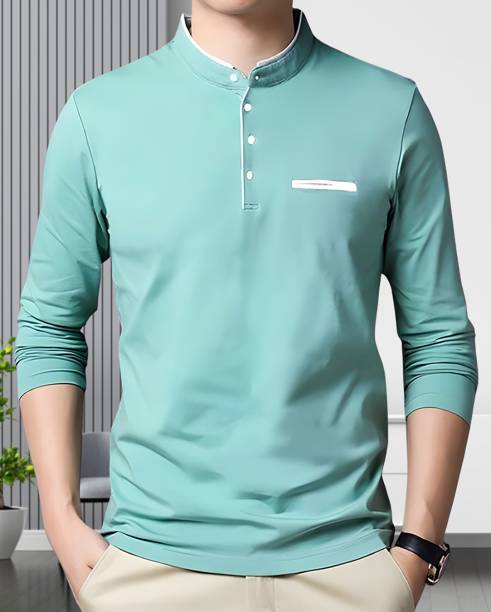 Men Solid Mandarin Collar Cotton Blend Light Blue, White T-Shirt Price in India