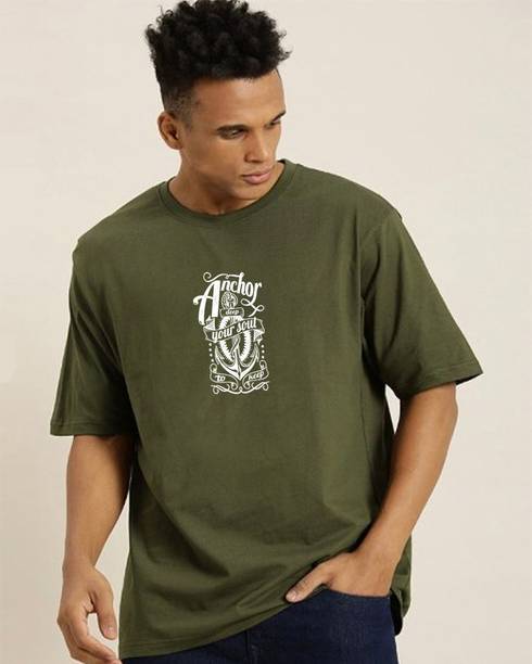 Men Printed, Typography Round Neck Pure Cotton Green T-Shirt