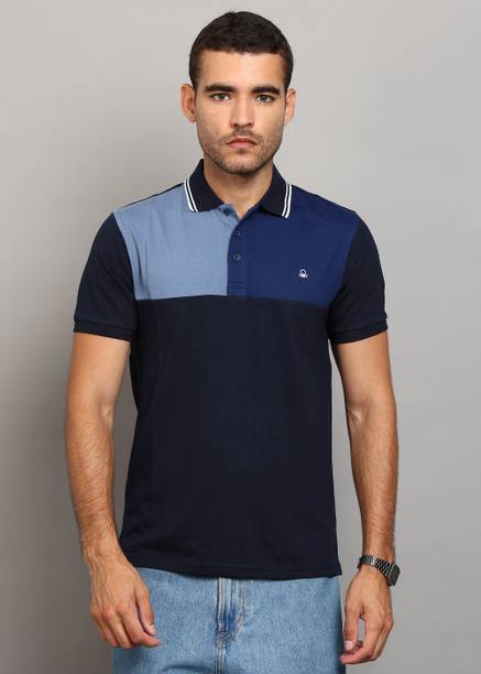 Men Colorblock Polo Neck Cotton Blend Navy Blue T-Shirt
