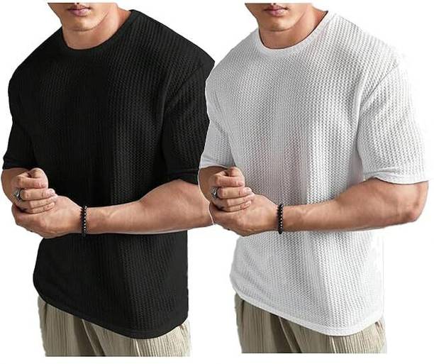 Pack of 2 Men Self Design Round Neck Polycotton Black, White T-Shirt