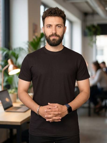Moda Rapido Men Self Design, Solid Round Neck Polyester Black T-Shirt