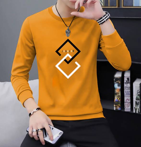 Men Printed Round Neck Pure Cotton Yellow T-Shirt Price in India