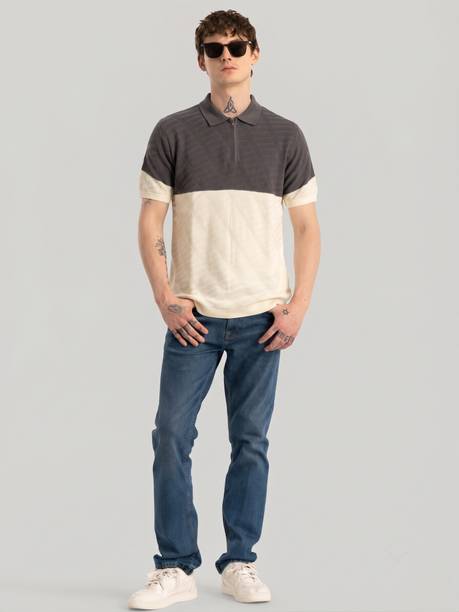 Men Self Design Polo Neck Pure Cotton Grey, Beige T-Shi...