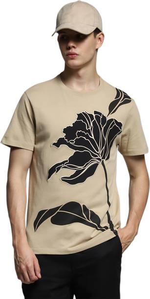 Men Printed Crew Neck Pure Cotton Brown T-Shirt