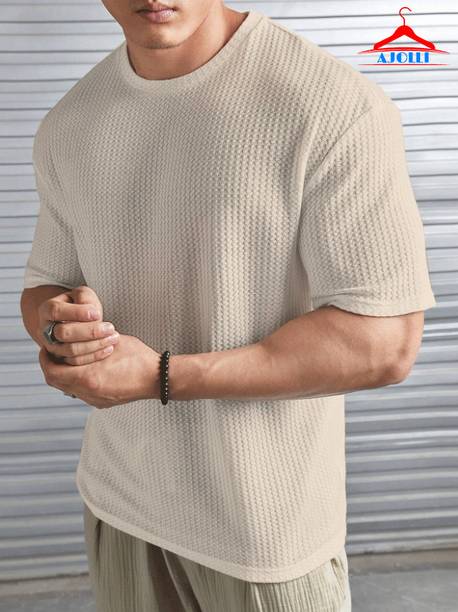 AJOLLI Men Self Design Round Neck Polyester Beige T-Shirt
