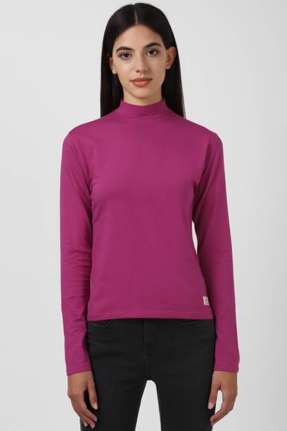 Women Solid Turtle Neck Pure Cotton Pink T-Shirt
