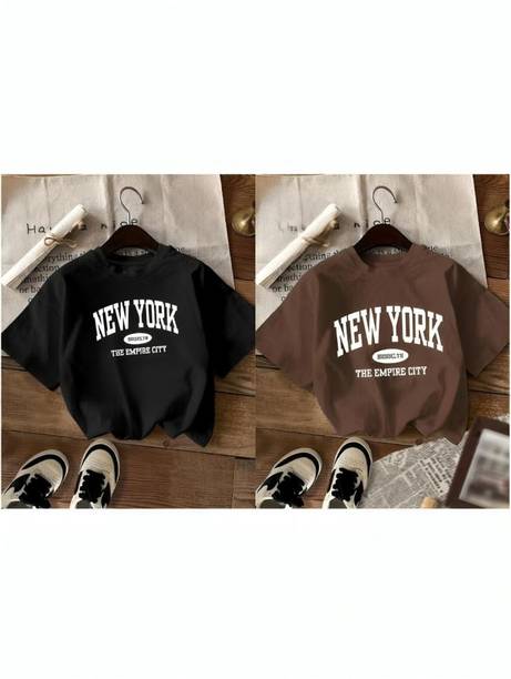 Pack of 2 Women Typography Round Neck Pure Cotton Black, Brown T-Shirt