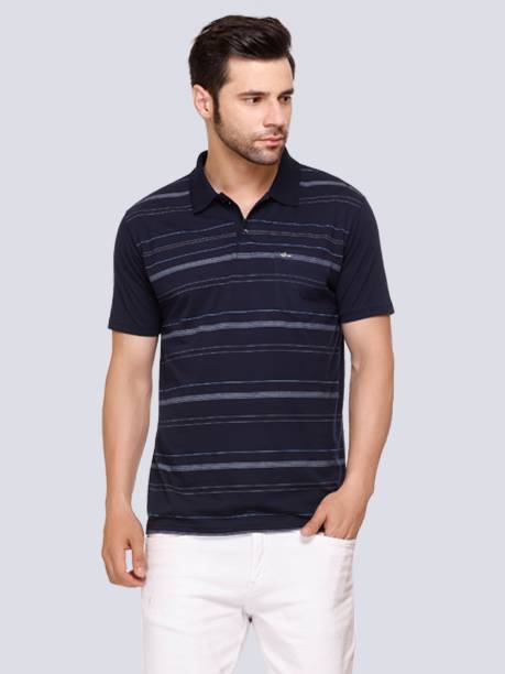 Men Striped Polo Neck Cotton Blend Navy Blue T-Shirt Price in India