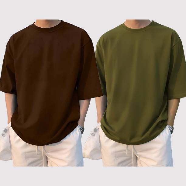 Pack of 2 Men Solid Round Neck Cotton Blend Brown T-Shirt
