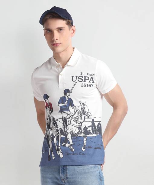 Men Printed, Typography Polo Neck Cotton Blend White T-Shirt
