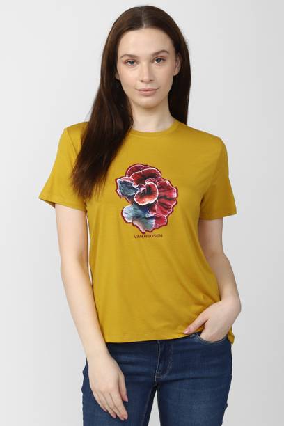 Women Printed Round Neck Polycotton Yellow T-Shirt