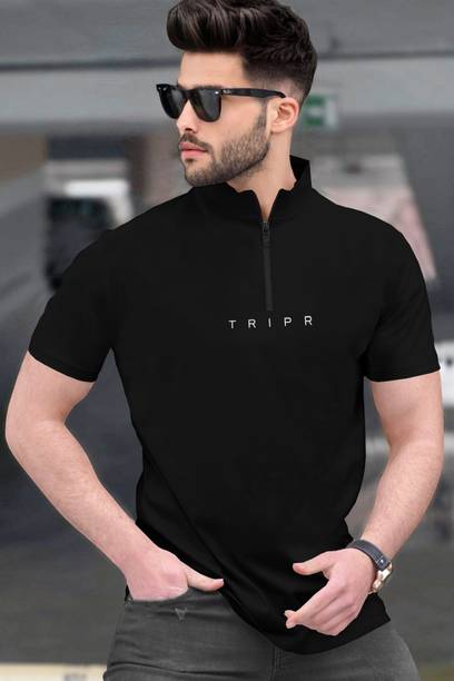 TRIPR Men Solid Mandarin Collar Cotton Blend Black T-Shirt