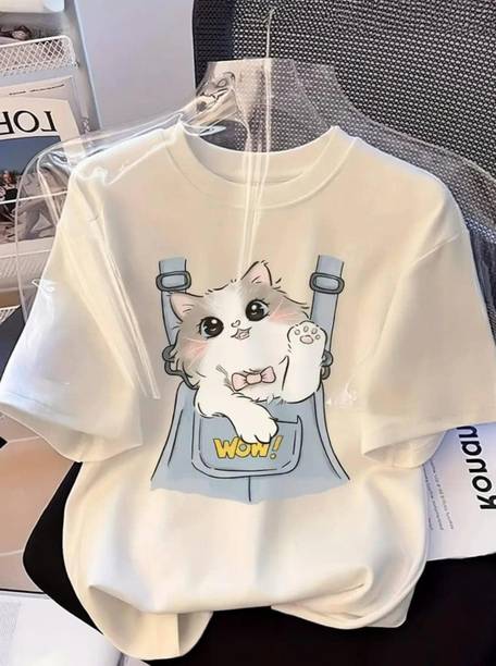 Women Graphic Print Round Neck Cotton Blend White T-Shirt