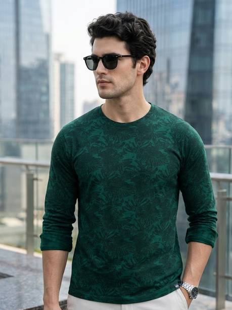 Men Self Design Round Neck Pure Cotton Dark Green T-Shi...