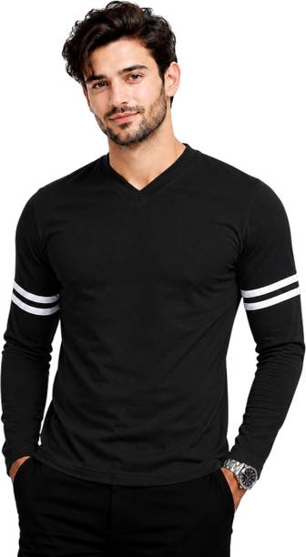 Men Solid, Striped V Neck Cotton Blend Black T-Shirt