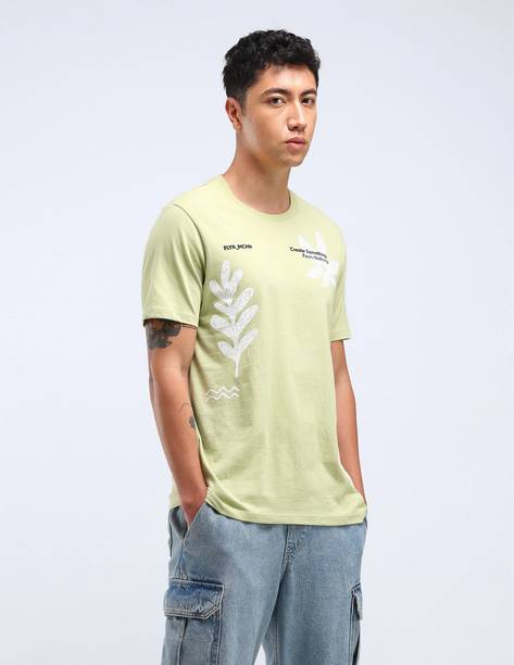 Men Self Design Crew Neck Cotton Blend Light Green T-Shirt