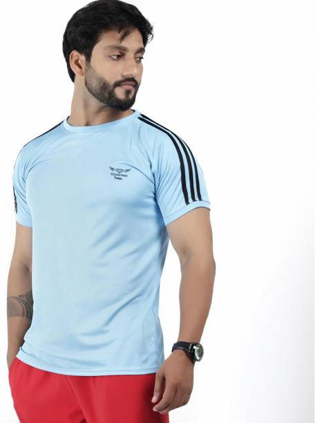 Men Striped Round Neck Polycotton Light Blue T-Shirt
