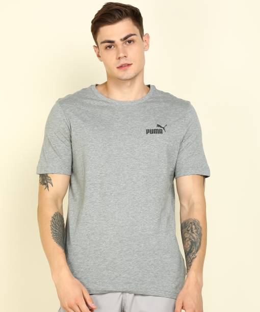 ESS Small Logo Tee Men Solid Round Neck Cotton Blend Grey T-Shirt Price in India