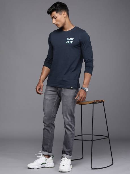 Men Typography Round Neck Cotton Blend Blue T-Shirt Price in India