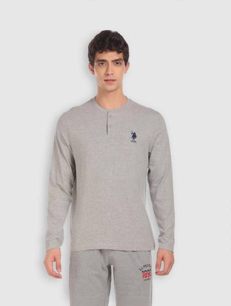 Men Solid Henley Neck Cotton Blend Grey T-Shirt