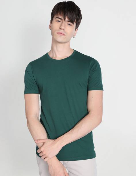 Men Solid Round Neck Cotton Blend Green T-Shirt