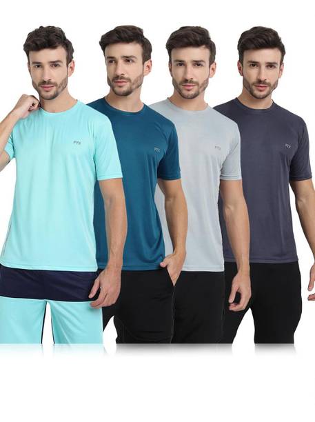Pack Of 4 Men Solid Round Neck Polyester Silver, Light