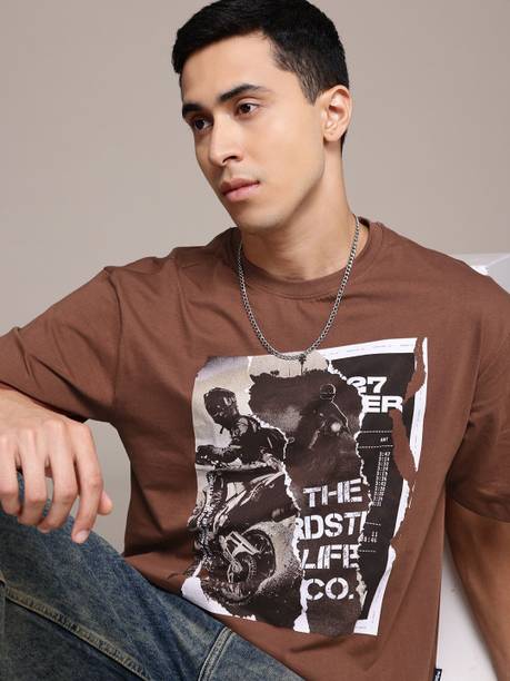 Roadster Men Printed Round Neck Pure Cotton Brown T-Shirt