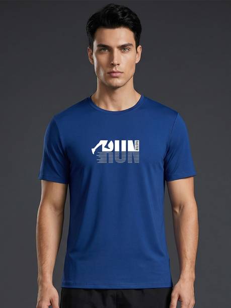 Men Typography Round Neck Pure Cotton Blue T-Shirt