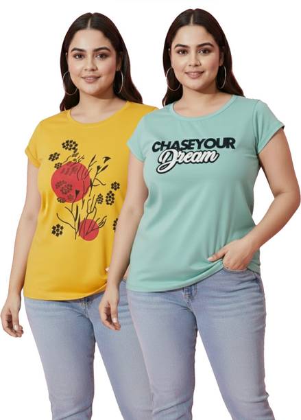 Pack of 2 Women Printed Round Neck Cotton Blend Yellow, Light Green T-Shirt