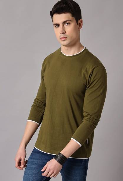 Men Solid Round Neck Pure Cotton Green T-Shirt Price in India