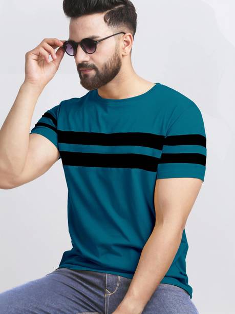 Men Striped Round Neck Cotton Blend Blue, Black T-Shirt