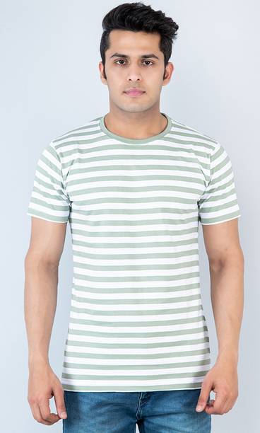 Men Striped Round Neck Viscose Rayon Light Green T-Shirt