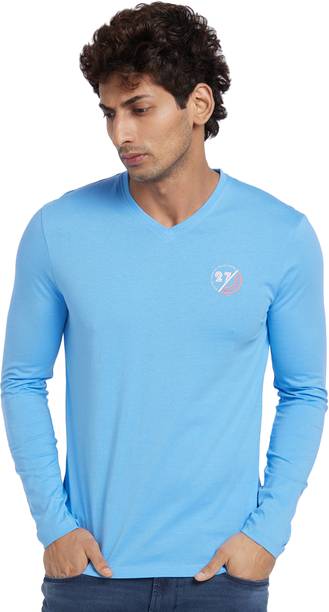 Men Solid Crew Neck Cotton Blend Blue T-Shirt
