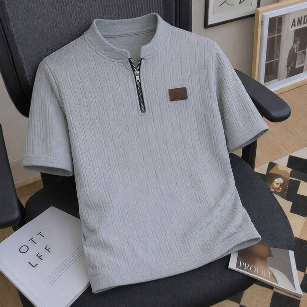 Solid Men Mandarin Collar Cotton Blend Grey T-Shirt