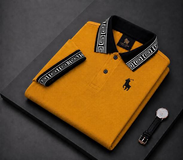 Men Embroidered Polo Neck Polycotton Black, White T-Shirt