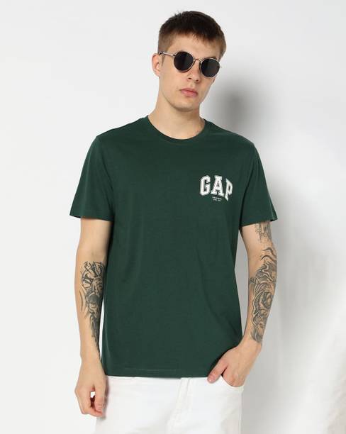 GAP Men Printed Crew Neck Pure Cotton Dark Green T-Shirt