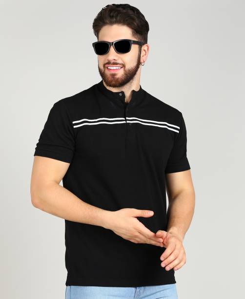 Men Striped Mandarin Collar Cotton Blend Black T-Shirt Price in India