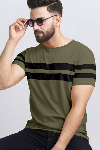 Men Striped Round Neck Cotton Blend Dark Green, Black T-Shirt Price in India