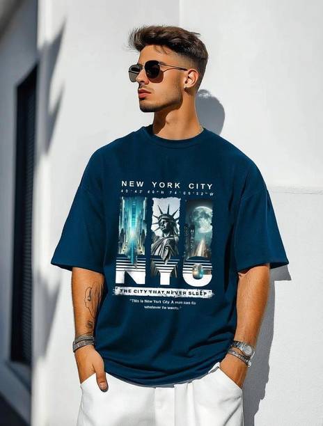 Men Printed Round Neck Reversible Polyester Blue T-Shirt