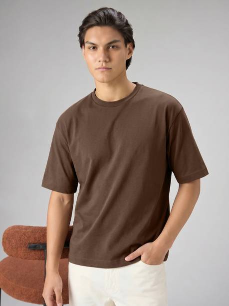 Men Solid Round Neck Cotton Blend Brown T-Shirt