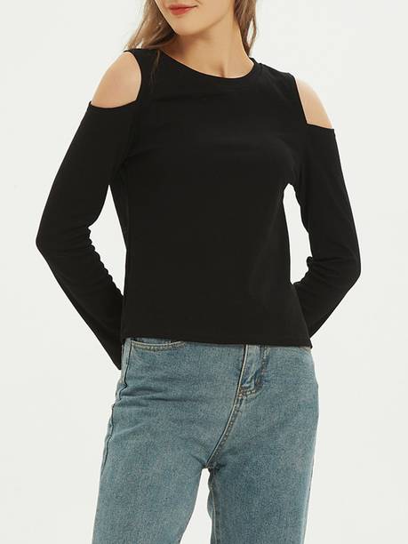 Urbanic Solid Women Round Neck Black T-Shirt
