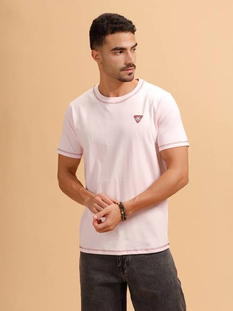 WROGN Men Solid Round Neck Pure Cotton Pink T-Shirt