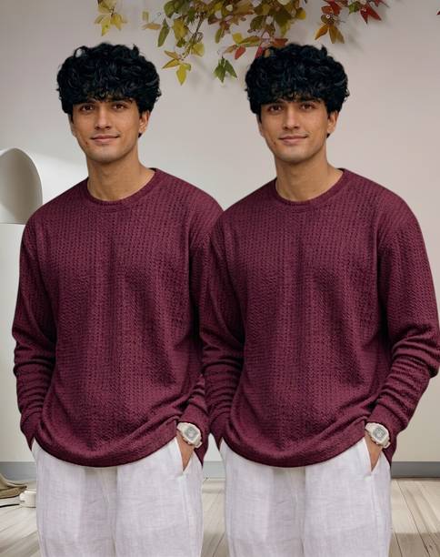 Men Self Design Round Neck Polyester Maroon T-Shirt