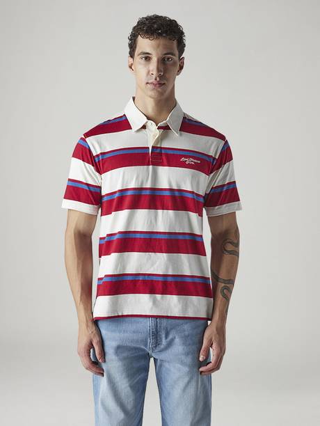 LEVI'S Men Striped Polo Neck Pure Cotton White T-Shirt