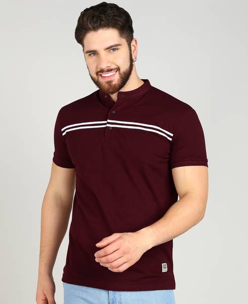 Alan Jones Men Striped Mandarin Collar Cotton Blend Maroon T-Shir