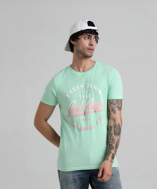 Men Typography Round Neck Cotton Blend Green T-Shirt