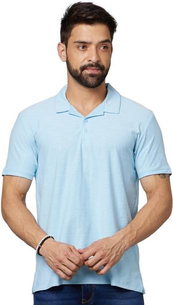 Men Solid Polo Neck Pure Cotton Light Blue T-Shirt