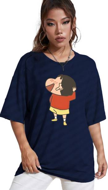 BELTLY Women Graphic Print Polo Neck Pure Cotton Blue T-Shirt